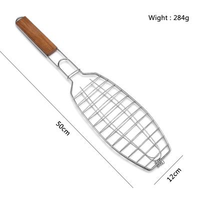 China Baking/Baking/Shaped Barbecue Grill Basket Fish Wooden Handle Grilling Rack Outdoor Barbecue Grill Net for sale