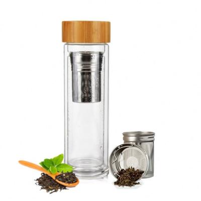 China Transparent Office 14oz Fruit Glass Water Bottle Infuser Bamboo Tea Tumbler Glass Bottle for sale