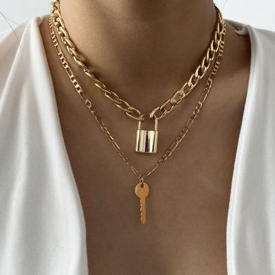 China European Punk Jewelry Vintage Double Layer Gold Chunky Chain Key Lock Pendant Necklace Women Feminine Environmentally Friendly for sale