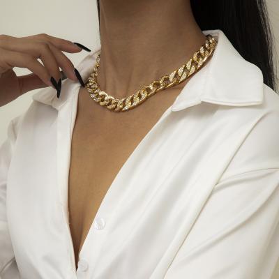 China Environmental Friendly European Punk Style Heavy Thick Gold Chunky Link Chain Necklace Bling Iced Out Cuban Chain Necklace Women Choker for sale