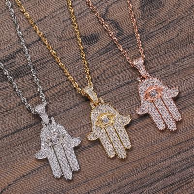 China Environmentally Friendly European Hips Hops Pendant Jewelry Iced Out Zircon CZ Diamond Fatima Hand Necklace Eye Micro Inlay for sale