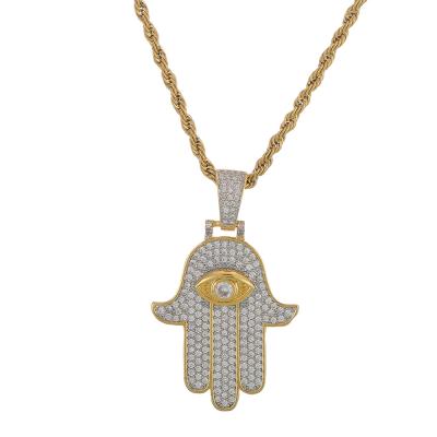 China Environmentally Friendly European Hip Hop Jewelry Iced Out Fatima Hand Necklace For Women Evil Eye Fatima Hand Necklace Micro Pave CZ for sale