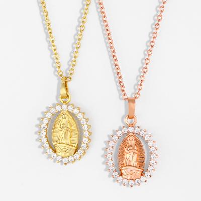 China Virgin Mary Pendant Necklace Oval CZ Virgin Women Catholic Zirconia European Environmentally Friendly Mary Necklace Religious Micro Pave for sale