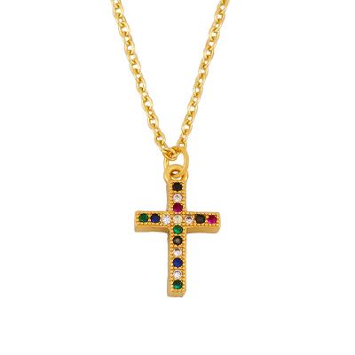 China Women Environmental Friendly Mini Jewelry Christian Vintage Gold Filled Rainbow Micro Cross Zircon Inlay Collar Choker Cross Necklace for sale