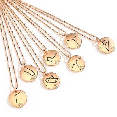 China New Fashion Environmental Friendly Gold Plated Round Astrology 12 Sign Horoscope Coin Necklace Stainless Steel Round Zodiac Necklace for sale