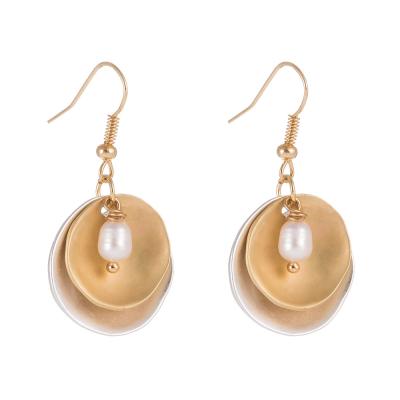 China Lead Free Nickel Free Hot Trendy Gold Plated Natural Freshwater Pearl Dangle Earrings Geometric Double Layer Round Metal Pearl Drop Earrings for sale