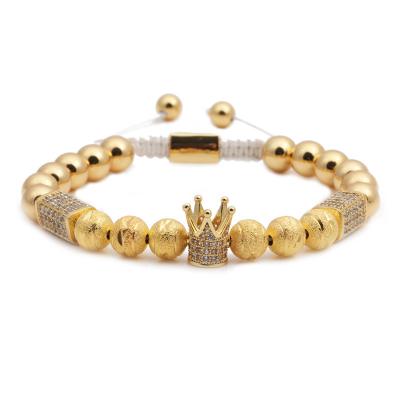 China Environmental Friendly European Luxury Hand Braiding Adjustable Gold Bead Plated Copper Micro Pave CZ Royal Crown Woven Bracelet for sale