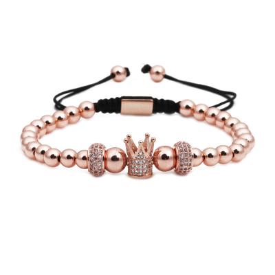 China Environmentally Friendly European Luxury Hand & Jewelry Rose Gold Plated Copper Bead Woven Adjustable Micro Pave CZ Crown Braided Bracelet for sale