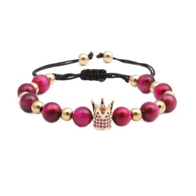 China Environmentally Friendly European Hot Selling Luxury Hand - Woven Adjustable Red Tiger Eye Stone Crown Braided Bracelet Royal Crown Bracelet for sale