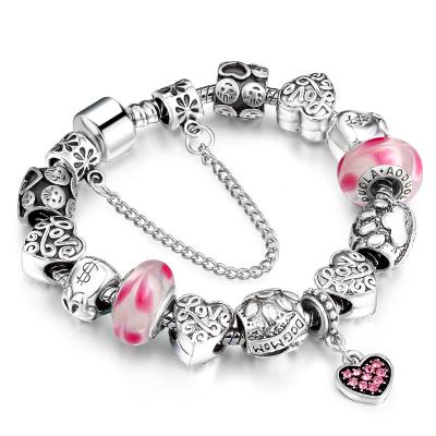 China European Luxury Exquisite Environmentally Friendly Charm Bead Bracelet Women DIY Silver Plated Enamel Crystal Heart Charm Snake Chain Bracelet for sale