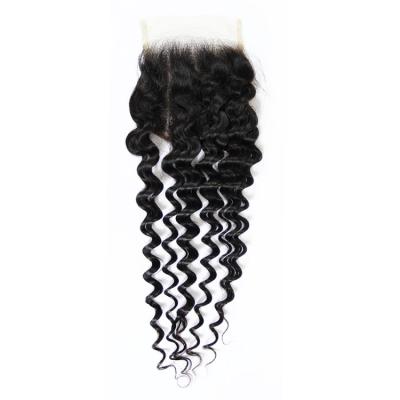 China Natural Color 4*4 Virgin Remy Human Hair Closure Deep Swiss Curly Transparent Lace Closure Brazilian Good Quality Deep Curly Closure for sale