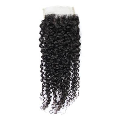 China 100% Human Hair 4x4 Virgin Lace Closure Transparent Swiss Unprocessed Brazilian Raw Curly Kinky Curly Lace Closure 100% Natural Color for sale