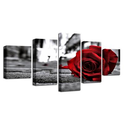 China New Beautiful Rose Poster Wall Art Canvas Painting Red Modular Classic/Postmodern Pictures 5Pcs For Kitchen Living Room for sale