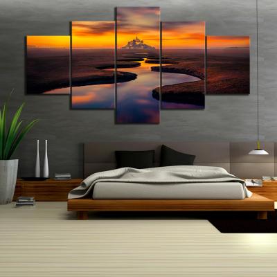 China New Classic/Postmodern Abstract 5 Panel Sunset Landscape Wasteland River Wall Art Home Decor Canvas Painting Prints Modern Posters for sale