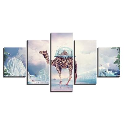 China New Fashion Animal Oil Painting Modern Classic/Postmodern Home Decoration Canvas Art Deer Giraffe Wall 5 Panel Poster For Living Room for sale