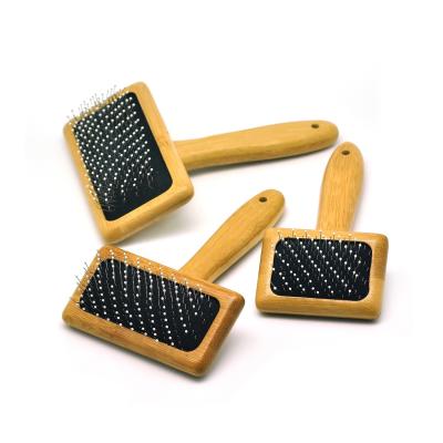 China Long Steel Wooden Pin Slicker Cat Brush Dog Deshedding Tool Cleaning Dog Pet Viable Grooming Brush for sale