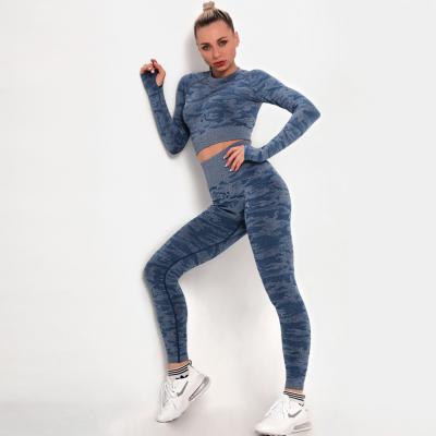 China JIAMING Breathable Women Yoga 2pcs Set Sports Seamless Gym Gaiters Long Sleeve Top Crop Jacket Fitness Sportswear Tracksuit for sale