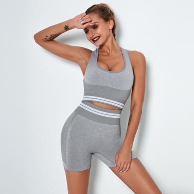 China Custom Logo Stripe Seamless Crop Top Breathable Yoga Tops High Waist Shorts Yoga Suit for sale