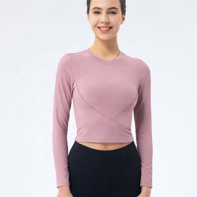 China Popular Anti-Wrinkle Yoga Long Sleeve Sports Shirts Women Fitness Yoga Running Top Ribbed Gym Top Workout Long Sleeve for sale