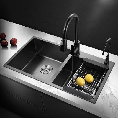 China Without Faucet Black Nano Stainless Steel Double Bowl Hand Made Kitchen Sink for sale