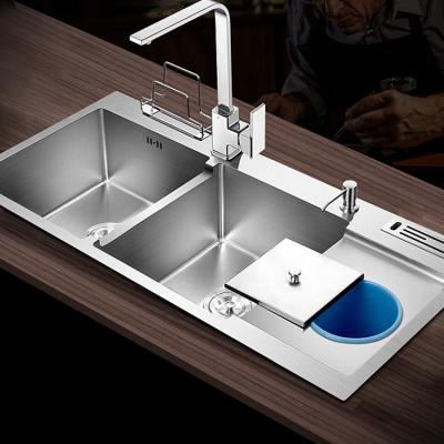 China Without Faucet Hot Sale Stainless Steel Double Bowl Farmhouse Kitchen Sink With Waste Tray for sale