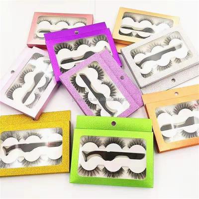 China Eyelash Seller Customized Boxes Hot Sale Mink Lashes And Eyelash Wholesale Boxes Fluffy Mink Lashes 3 Pairs Eyelash Set With Tweezers for sale