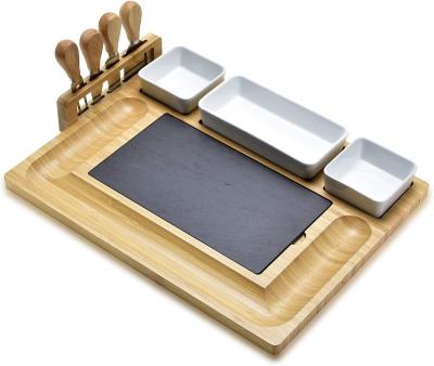 China Sustainable Bamboo cheese board set with knife, vertical knife holder ceramic bowl detachable slate board - high grade BBQ board for sale