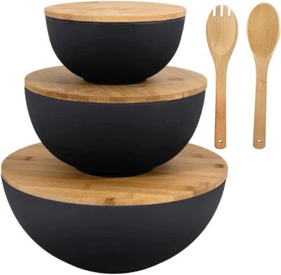 China Sustainable Salad Bowls with Lids Bamboo Fiber Bowl Set with Wooden Lids - Bowl & Board Set for Kitchen Mixing with Lids Utensils for sale