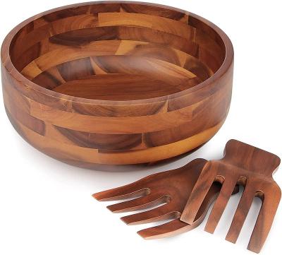 China Sustainable Acacia Wood Salad Bowl Set Environmental Friendly Tableware Suit with 2 Wooden Hands, Large Mixing Bowl for Fruits for sale