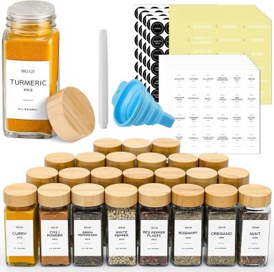 China Sustainable 24 Pcs Spice Jars with Labels with Bamboo Lids Minimalist Farmhouse Spice Labels Stickers Collapsible Funnel Seasoning Storage for sale