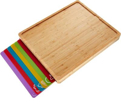 China Sustainable Easy-to-Clean Bamboo Wood Cutting Board with set of 6 Color-Coded Flexible Cutting Mats with Food Icons - Chopping Board Set for sale