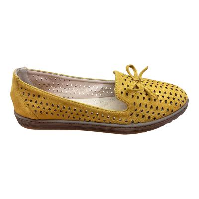 China Hot Sales Anti-slippery Leather Material Yellow Color Ladies Flat Shoes With Bow for sale