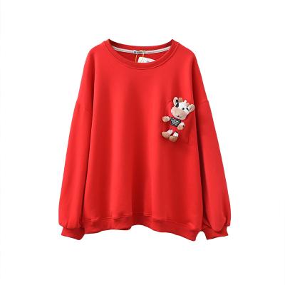 China New Viable Harajuku Style Solid Color Round Neck Cartoon Patched Loose Long Sleeve Pullover Hoodies Women Spring Clothing Red Sweater for sale