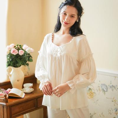 China Good Quality QUICK DRY Women's White Pajamas Long Sleeve Luxury Cotton Pajamas 2 Piece Sleepwear Sets Girls Fashion Night Wear Dress for sale