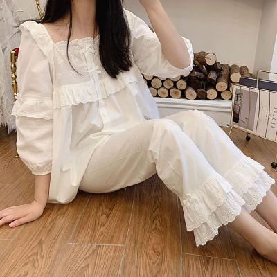 China QUICK DRY Women Pajamas Set Retro Princess Cotton Lace Pajamas Long Sleeve Spring Two Piece Autumn Ladies Nightwear Sleepwear for sale