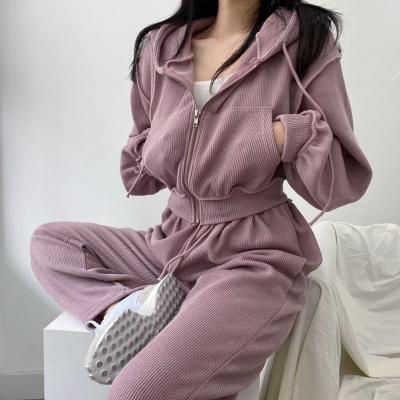 China Fashion Spring Anti-pilling New 2 Piece Hoodie Candy Colors Sets Casual Hoodies Long Sleeve Sweatshirt Set Women Solid Color High Waist for sale