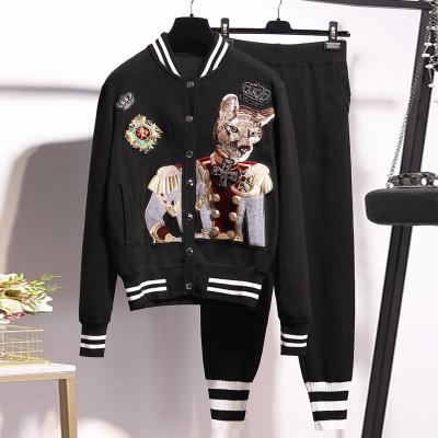 China Anti-pilling Plus Size Knitted Pants Set Autumn Winter Retro Embroidered Cardigan Sweater Jacket Outfit Women's Two-Piece Clothing 2021 for sale