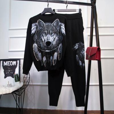 China Anti-pilling Autumn New Sweater Tracksuit Women 2 Piece Set Wolf Sequins Bead Knitted Wild Top and Pants Knitted Suit Equipment 2 Piece Set for sale