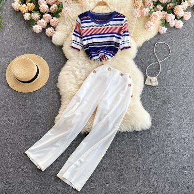 China Lady Elegant Outfit Women Workable Summer Wear Shirt High Waist Short Sleeve Knitted Wide Leg Pants Stylish Two Piece Pants Set for sale