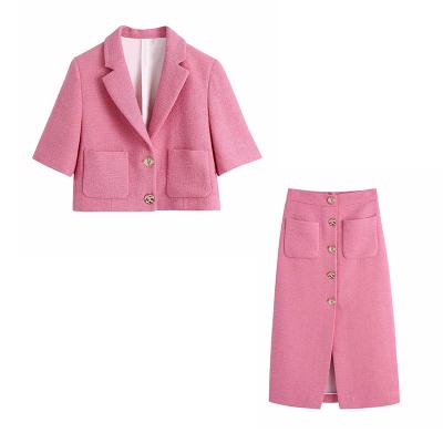 China 2021 New Autumn Office Lady Outfits Casual Top Skirt Mid Length Fashion Coat Suit Shorts Skirt 2 Piece Set for sale