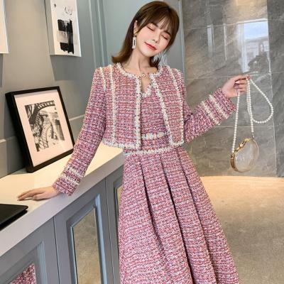 China 2021 Winter Women's Autumn Outfits New Style Tweed Shorts Coat Jacket Suspender Dress Fashion Viable High Quality Two Piece Set for sale