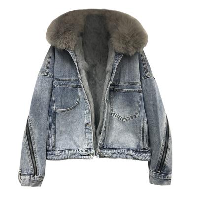 China High Quality Women Winter Fox Fur Collar Denim Jacket Breathable Parkas Warm Overcoat Rabbit Fur Coating Fleece Luxury Detachable Coat for sale