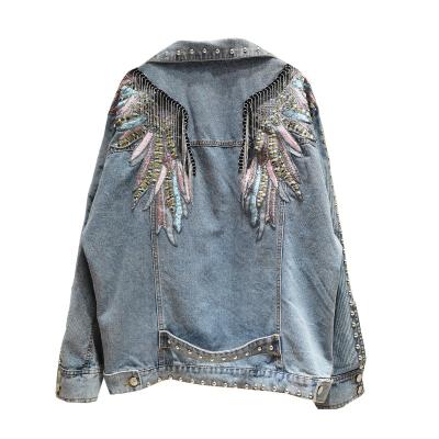 China Viable Denim Jackets Women Streetwear European Loose Wings Embroidered Fringed Long Sleeve Jeans Coat Rivet Jackets for sale