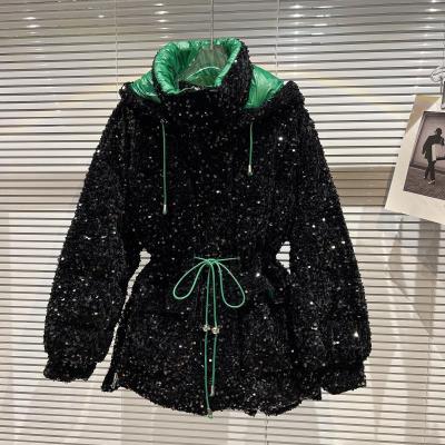 China New 2021 Winter Women's Casual Hooded Down Coat Fashion Viable Warm Sequined Drawstring Jacket Full Loose Coat Down High Quality for sale