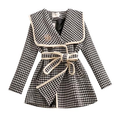 China Viable Woolen Overcoat for Women Autumn and Lady Mid Length Houndstooth Office Coat New Long Tight Waist Wool Coats Winter 2021 for sale