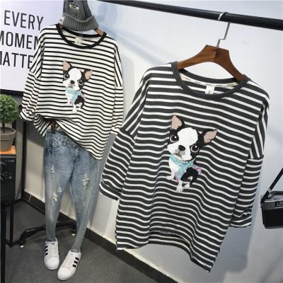 China Breathable Spring And Summer Long Sleeve Striped T Shirt For Women Loose Tee Base Tops Plus Size Cartoon Print Brushed Cotton Shirts Tops for sale