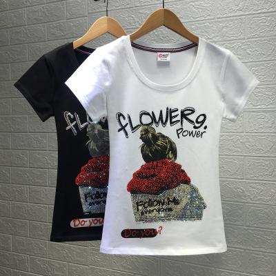 China 2021 New Design Viable White Pure Cotton Stitch Women's Heavy Embroidery Slim Fit Drilling T-shirt Hot Women's Short Sleeve T-shirt for sale