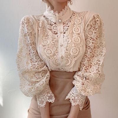 China New Viable Fashion Spring Loose Hollow Out Lace Shirt Solid Color Lace Splicing Long Sleeve Stand Collar Blouse Women for sale