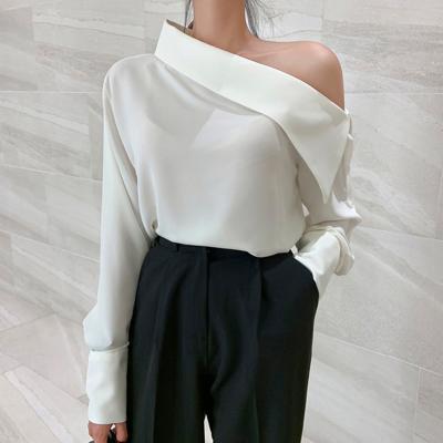 China Korean Chic Elegant Oblique Tops Women's Workable Spring Off The Shoulder All-match Blouse Side Button Loose Long Sleeve Shirt Solid Color for sale