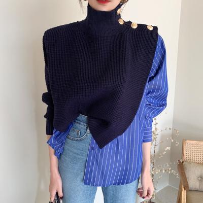 China Breathable Chic Korean High Neck Side Buttons Stripes Patchwork Two Piece Faux Long Sleeve Loose Sweaters Fashion Women Knitted Top for sale